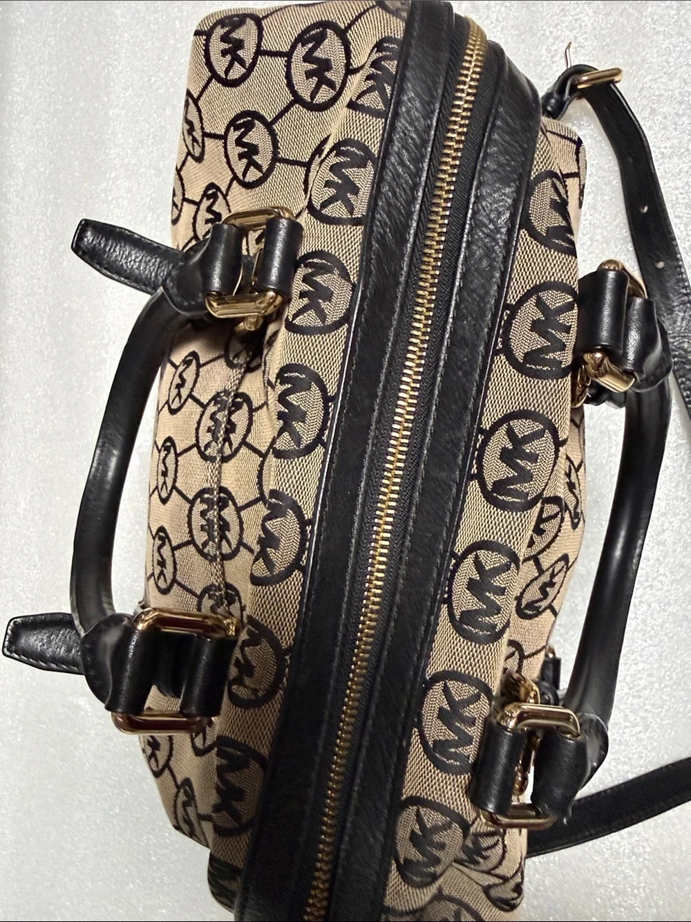Michael Kors Signature Logo Satchel Crossbody Bag – Beige/Black Jacquard